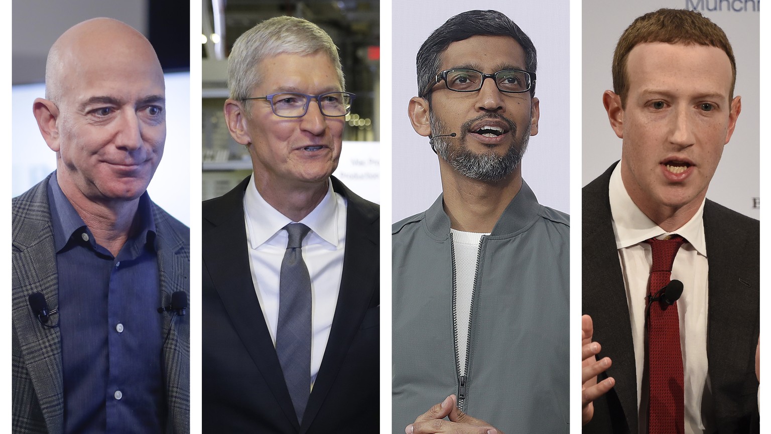 FILE - This file combination of 2019-2020 photos shows Amazon CEO Jeff Bezos, Apple CEO Tim Cook, Google CEO Sundar Pichai and Facebook CEO Mark Zuckerberg.