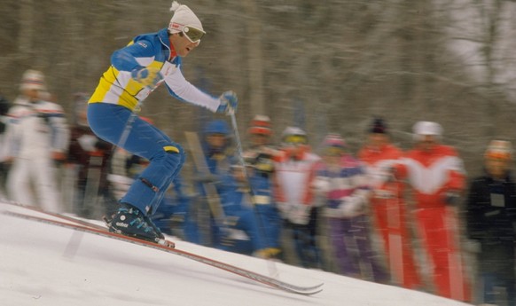 Undated: Ingemar Stenmark of Sweden lands after a jump during a skiing event. \ Mandatory Credit: Tony Duffy/Allsport