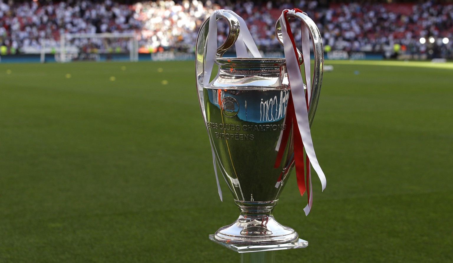 A view of the Champions League trophy, prior to the start of the Champions League final soccer match between Atletico Madrid and Real Madrid, at the Luz stadium, in Lisbon, Portugal, Saturday, May 24, ...