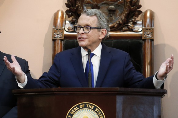 FILE - In this March 5, 2019, file photo, Ohio Gov. Mike DeWine speaks during the Ohio State of the State address at the Ohio Statehouse in Columbus, Ohio. Every Tuesday for months, DeWine interrupts  ...