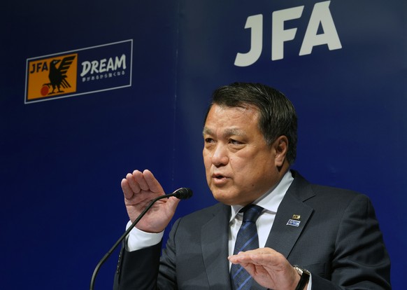 Japan Football Association (JFA) President Kozo Tashima speaks during a press conference at its headquarters in Tokyo, Monday, April 9, 2018. Tashima said Japan fired coach Vahid Halilhodzic two month ...