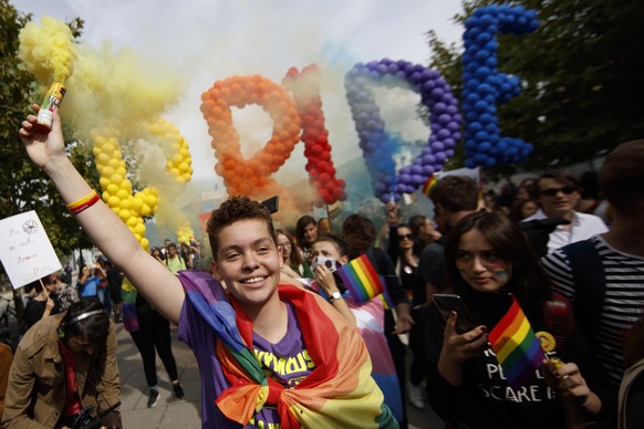 epa07910133 Participants attend Kosovo&#039;s third Pride Parade in Pristina, Kosovo, 10 October 2019. Hundreds of participants marched through the main square of the capital city, demanding freedom a ...