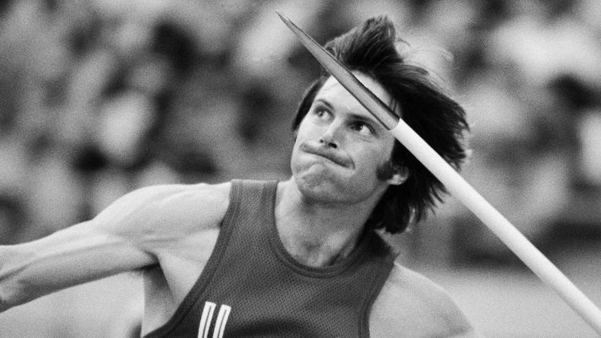 FILE - In this July 30, 1976, file photo, Bruce Jenner, of the United States, throws the the javelin during the decathlon competition at the Olympics in Montreal, Canada. Jenner made his debut as a tr ...