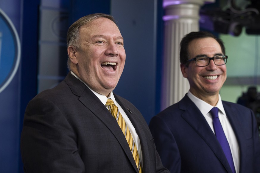Secretary of State Mike Pompeo and Treasury Secretary Steve Mnuchin laugh as they speak with reporters in the briefing room of the White House during a briefing on terrorism financing Tuesday, Sept. 1 ...