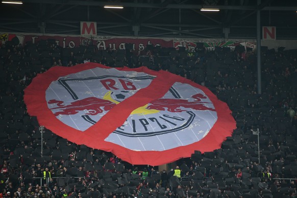 epa05828044 A banner in protest against RB Leipzig on display before the German Bundesliga football match between FC Augsburg and RB Leipzig at the WWK-Arena in Augsburg, Germany, 03 March 2017. EPA/C ...
