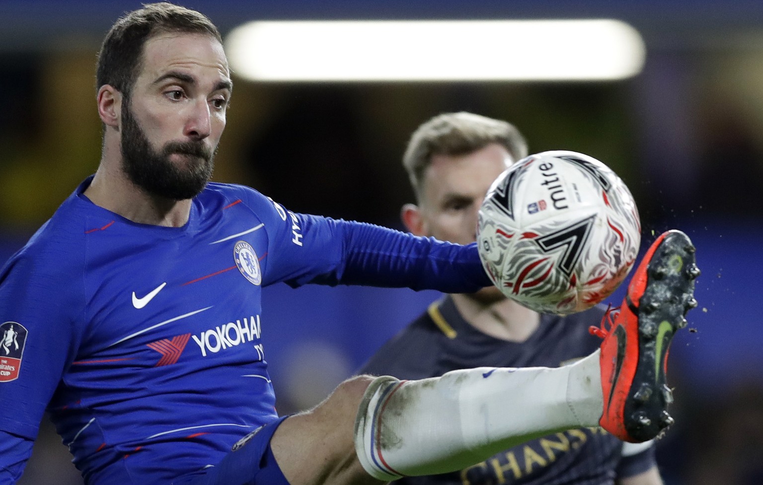 Chelsea&#039;s Gonzalo Higuain kicks the ball during the English FA Cup fourth round soccer match between Chelsea and Sheffield Wednesday at Stamford Bridge stadium in London, Sunday, Jan. 27, 2019. ( ...