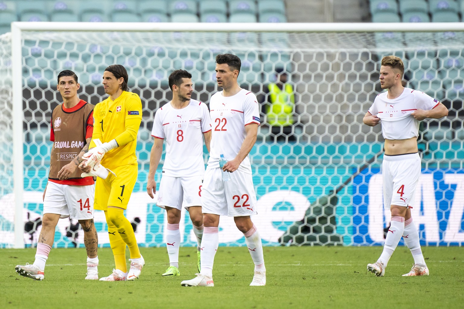 Switzerland&#039;s soccer players reacts during the Euro 2020 soccer tournament group A match between Wales and Switzerland at the Olympic stadium, in Baku, Azerbaijan, Saturday, June 12, 2021. (KEYST ...