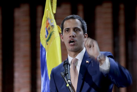 Juan Guaido, Venezuelan opposition leader and self-proclaimed interim president, speaks at a meeting at a university in Caracas, Venezuela, Monday, April 1, 2019. He’s backed by more than 50 nations,  ...