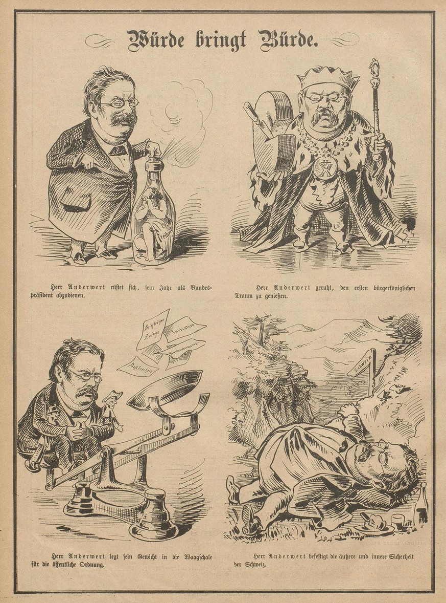 Der Nebelspalter veröffentlichte am 18. Dezember 1880 bitterböse Illustrationen von Fridolin Anderwert.
https://www.e-periodica.ch/digbib/view?pid=neb-001%3A1880%3A6%3A%3A2707#2722