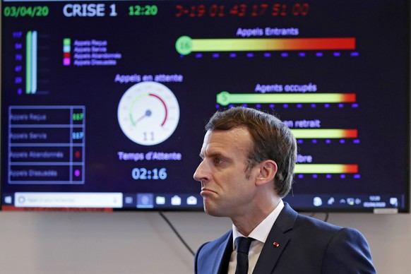 epa08341151 French President Emmanuel Macron visits the Crisis and Support Center at French Foreign Affairs ministry to give support and repatriation to French citizens abroad at Quai DÄôOrsay in Par ...