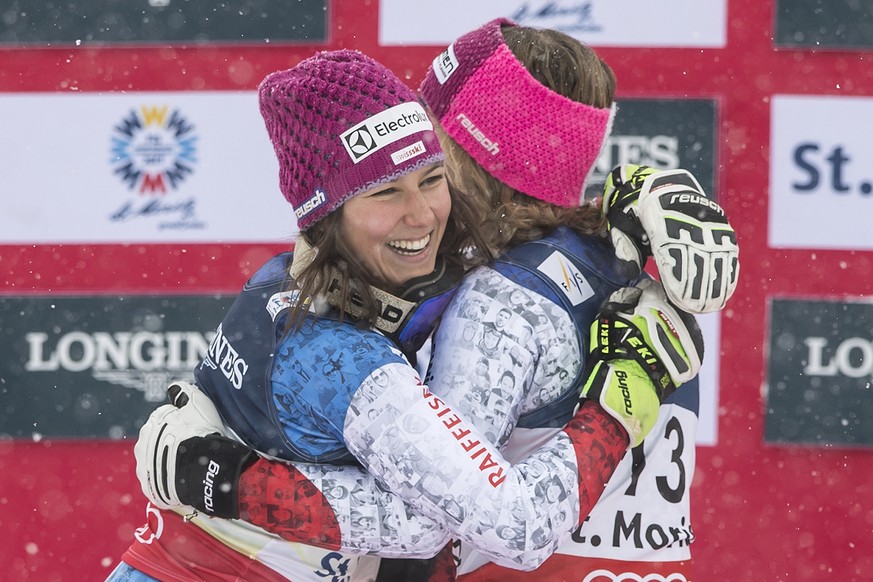Wendy Holdener of Switzerland and Michelle Gisin of Switzerland, from left, celebrate on the podium during the women alpine combined winnerÕs presentation at the 2017 FIS Alpine Skiing World Champions ...