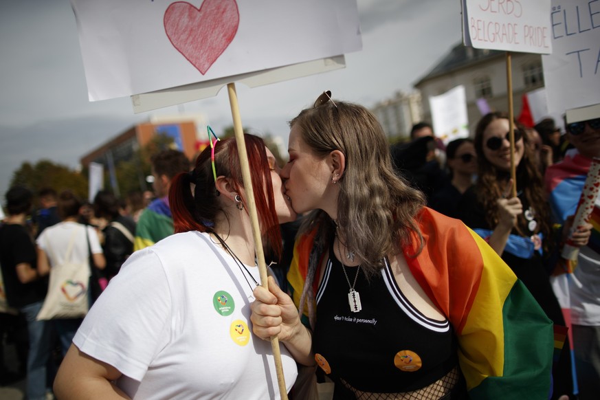 epa07910031 Participants kiss during Kosovo&#039;s third Pride Parade in Pristina, Kosovo, 10 October 2019. Hundreds of participants marched through the main square of the capital city, demanding free ...