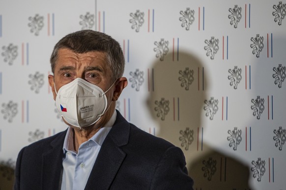 epa09142040 Czech Prime Minister Andrej Babis attends a press conference with Czech Foreign Minister Jan Hamacek (not pictured), at the Czernin Palace in Prague, Czech Republic, 17 April 2021. Accordi ...