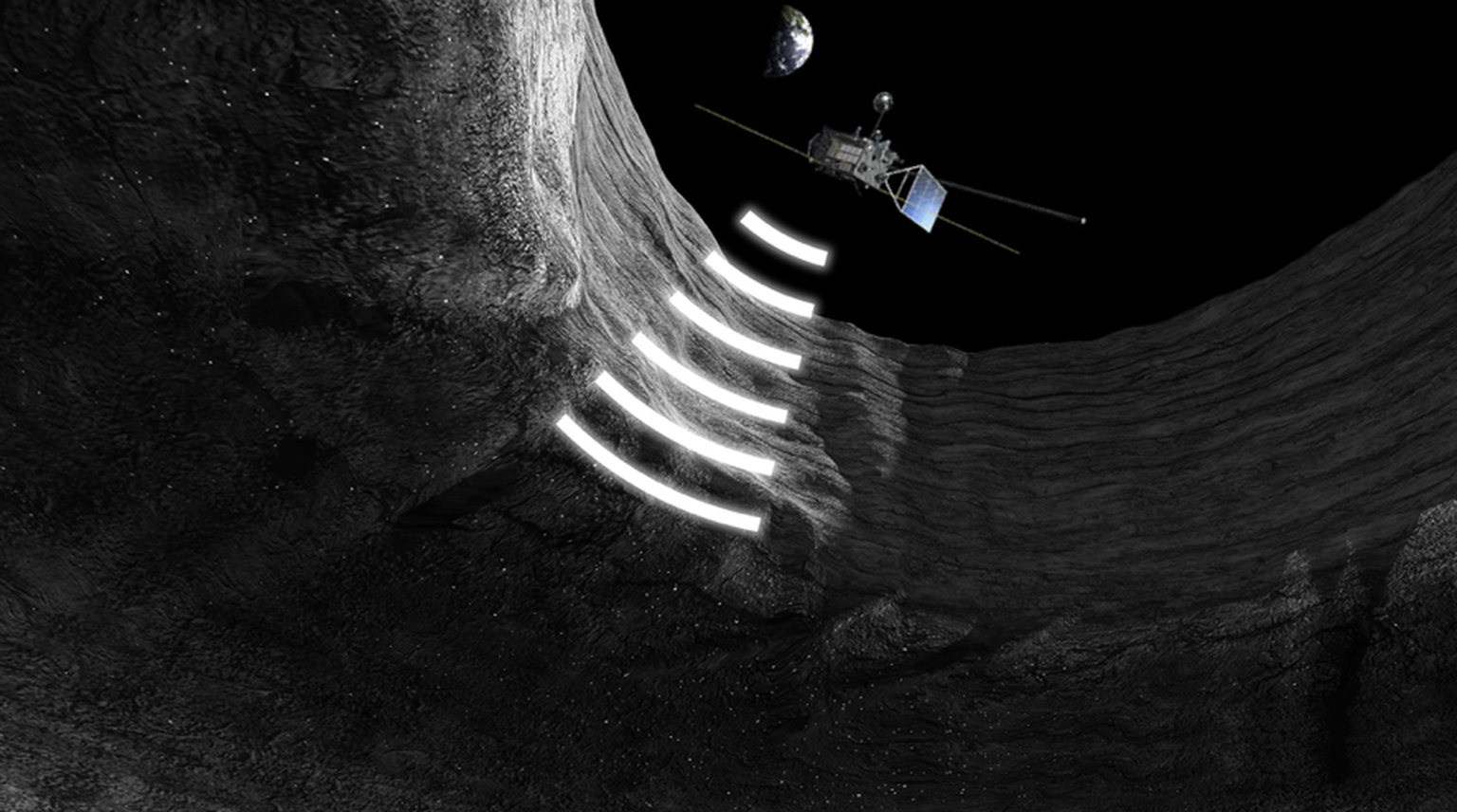 Künstlerische Darstellung der Mondsonde Selene bei der Untersuchung der Lavahöhle