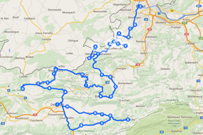 Die ungefähre Strecke der heutigen Etappe von Delémont nach Basel.