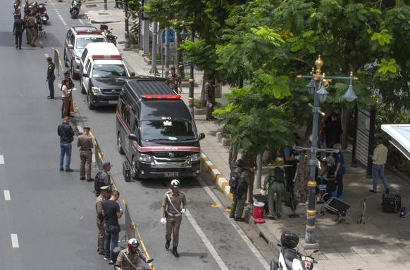 Thai investigators cordon-off an area in which an explosion injured people in Bangkok, Thailand, Friday, Aug. 2, 2019. Thai Prime Minister Prayuth Chan-o-cha on Friday ordered an investigation into se ...