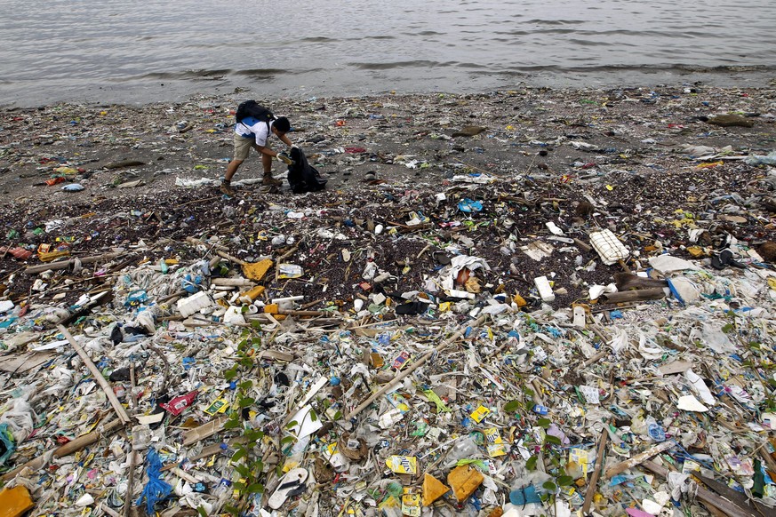 epa04398176 A Filipino volunteer picks rubbish during International Coastal Cleanup at the shore of Mabuhay island in Paranaque city, south of Manila, the Philippines, 13 September 2014. Volunteers fr ...