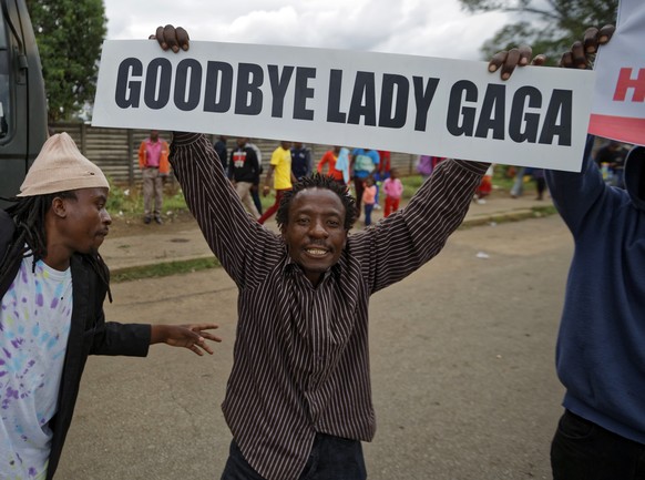 A protester demanding that President Robert Mugabe stands down carries a placard referring to Mugabe&#039;s wife Grace Mugabe, at Zimbabwe Grounds in Harare, Zimbabwe Saturday, Nov. 18, 2017. In a eup ...