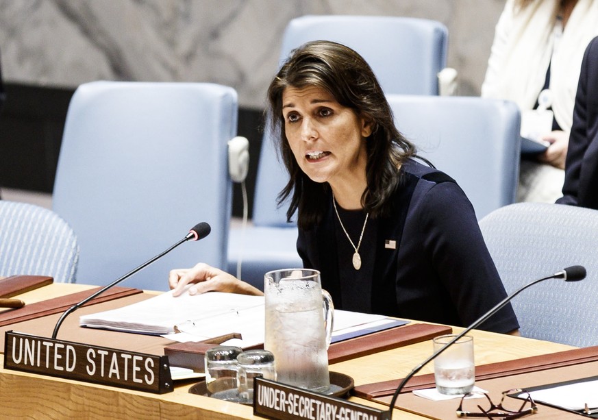 epa07081090 (FILE) - Nikki Haley, the United States&#039; Ambassador to the United Nations, addresses an United Nations Security Council meeting in New York, New York, USA, 17 September 2018 (reissued ...
