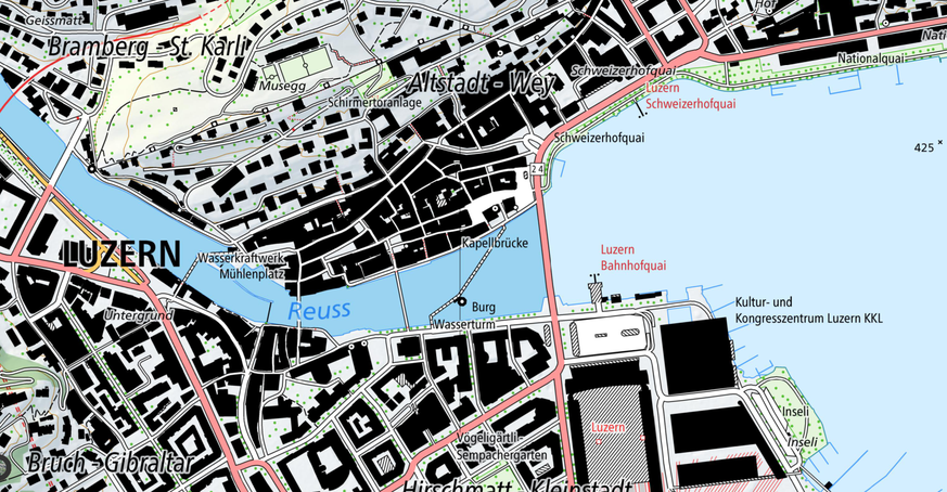 Luzern mit KKL und Kapellbrücke: Ausschnitt aus der neuen Karte im Massstab 1:10'000.