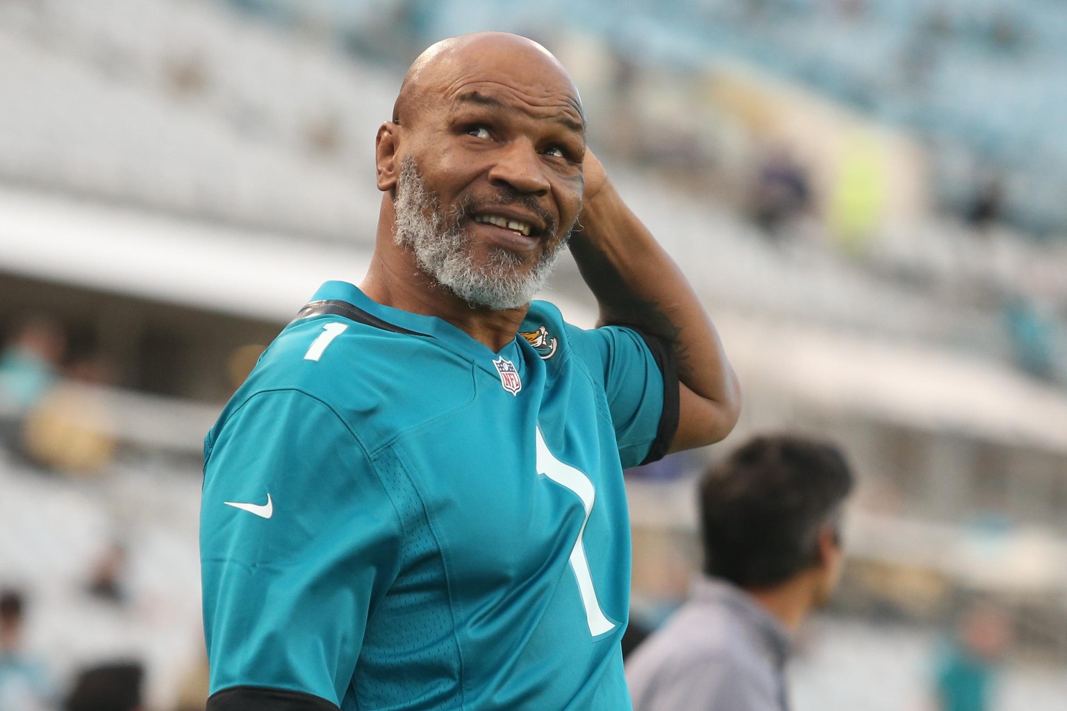 JACKSONVILLE, FL - SEPTEMBER 19: Former boxing champion Mike Tyson looks on during the game between the Tennessee Titans and the Jacksonville Jaguars on September 19, 2019 at TIAA Bank Field in Jackso ...