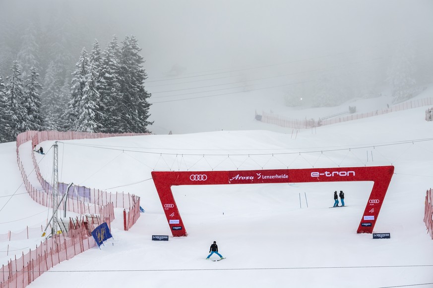 epa09081174 The finish area is pictured in the fog before the women&#039;s Super-G race at the FIS Alpine Skiing World Cup finals at the FIS Alpine Skiing World Cup finals, in Lenzerheide, Switzerland ...