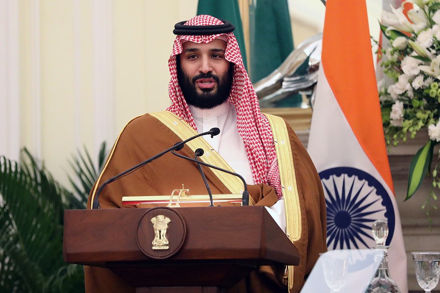epa07382153 Prince Mohammed Bin Salman Bin Abdulaziz Al-Saud, Crown Prince, Vice President of the Council of Ministers of Defence of the Kingdom of Saudi Arabia speaks at a joint press conference at H ...