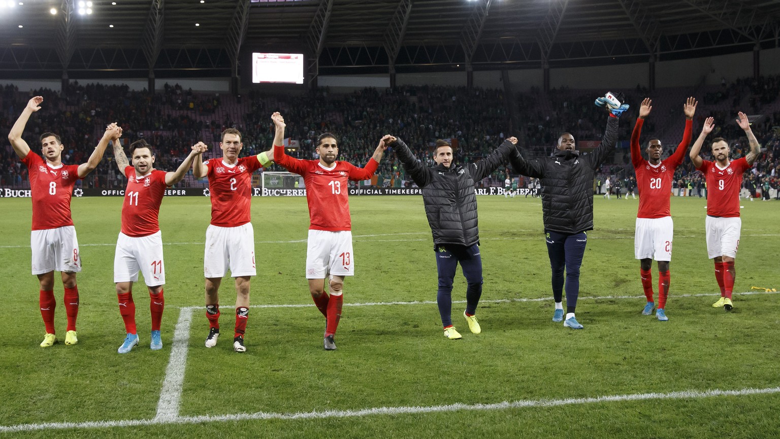 Switzerland&#039;s players celebrate after beating Republic of Ireland, during the UEFA Euro 2020 qualifying Group D soccer match between Switzerland and Republic of Ireland, at the Stade de Geneve, i ...