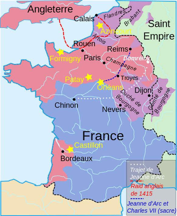 Kräfteverteilung in Frankreich um 1420. Rot: England, Violett: Burgund, Blau: Armagnacs
https://de.wikipedia.org/wiki/Vertrag_von_Troyes#/media/File:Traité_de_Troyes.svg