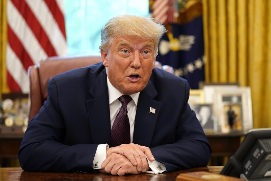 President Donald Trump speaks in the Oval Office of the White House on Friday, Sept. 11, 2020, in Washington. Iran has strongly condemned Bahrain