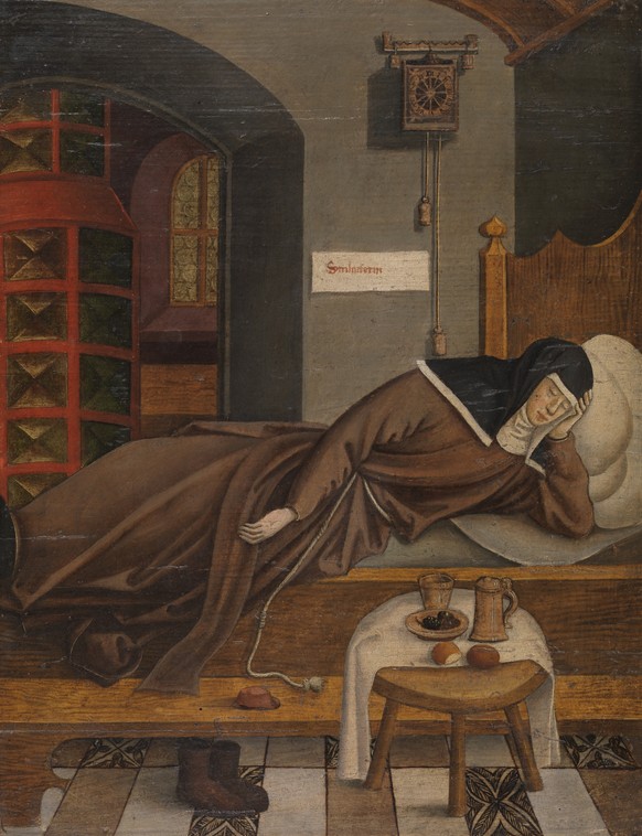 Umkreis des Bernhard Strigel, Eine Nonne, schlafend, Allgäu, um 1500, Tafelgemälde, Eichenholz, 
Germanisches Nationalmuseum, Nürnberg, Inv.-Nr. Gm 576