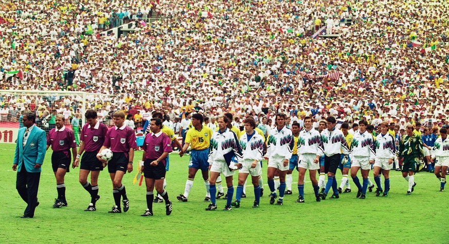 The teams and officials from Brazil and Italy walk onto the field before the start of the1994 FIFA World Cup Final on 17 July 1994 played at the Rose Bowl in Pasadena, California, United States. Brazi ...