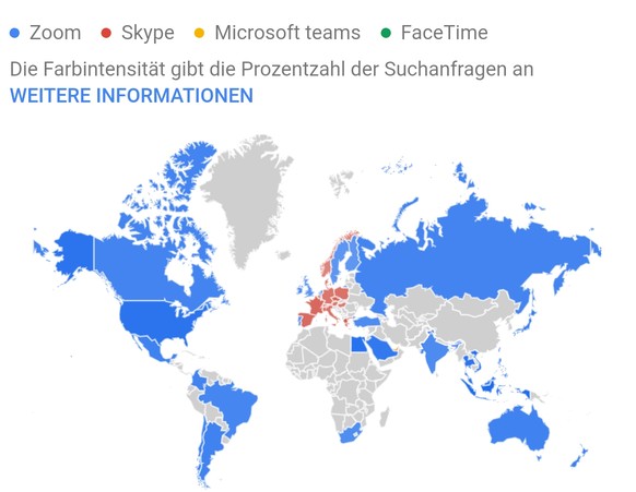 Zoom (blau) hat die Welt erobert. Nur in Europa dürfte Skype (gehört zu Microsoft) noch knapp beliebter sein.