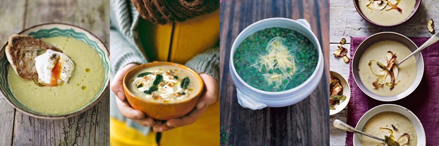 Von links: Spargel-Creme-Suppe mit pochiertem Ei und Toast, Apfel-Sellerie-Suppe mit knusprigem Salbei, <em>minestra di piselli di Altamura</em> und Pastinaken-Salbei-Cannellini-Bohnen-Suppe ... boah! Rezepte findest du alle bei <a href="http://www.jamieoliver.com/search/?s=soup" target="_blank">Jamie.com</a>.<br data-editable="remove">
