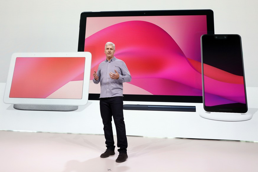 Rick Osterloh, Google&#039;s Senior Vice President of hardware, talks about new Google products during a presentation in New York, Tuesday, Oct. 9, 2018. Google introduced two new smartphones, the Hom ...