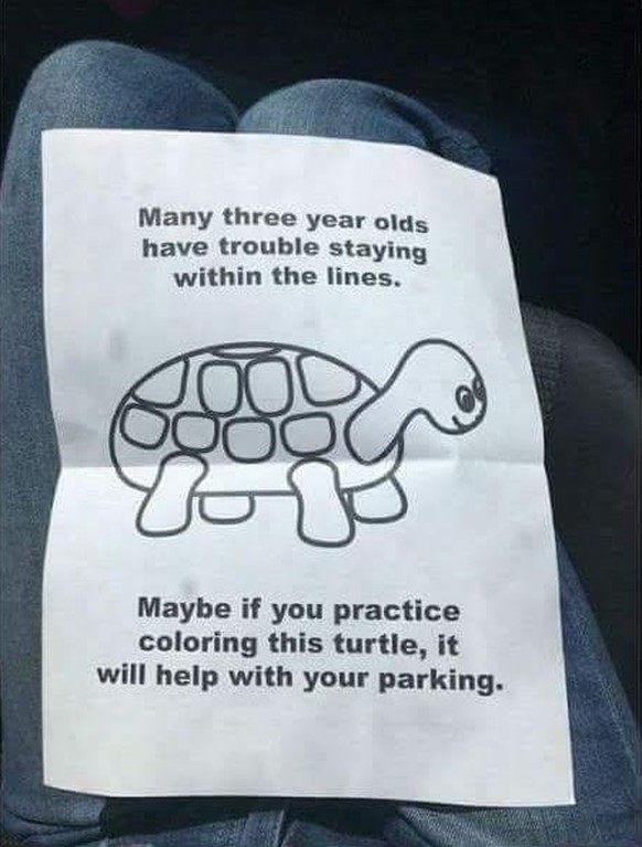 «Viele Dreijährige haben Mühe damit, Linien zu berücksichtigen. Vielleicht hilft es deinen Parkierkünsten, wenn du als Übung diese Schildkröte ausmalst.»