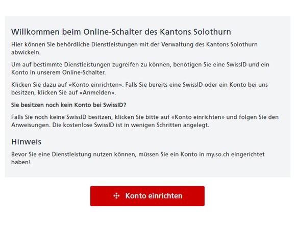 Auch beim Online-Schalter des Kantons Solothurn läuft nichts ohne SwissID.