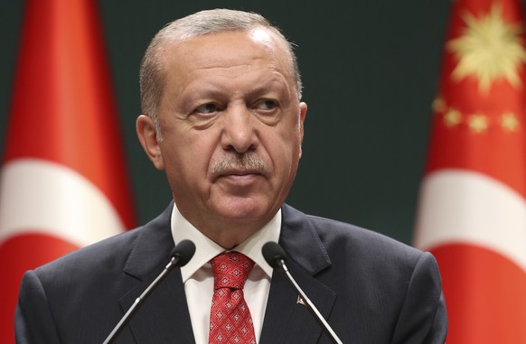Turkey&#039;s President Recep Tayyip Erdogan speaks after a cabinet meeting, in Ankara Turkey, Monday, Aug. 10, 2020. The government of Greece slammed Turkey&#039;s announcement that it will be conduc ...