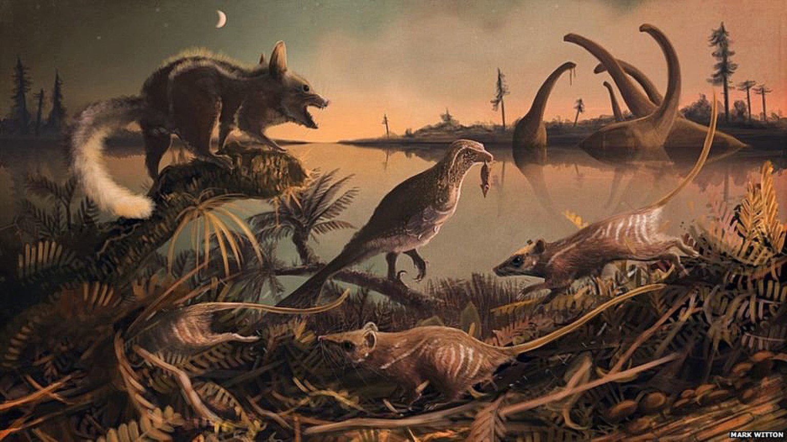 Künstlerische Darstellung von Durlstodon (l. vorn) und Durlstotherium (r. und M. vorn). Das vogelähnliche Tier in der Mitte ist ein nuthetes mit einem gefangenen Durlstotherium. Im Hintergrund sind Sa ...