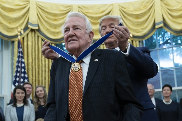 epa07906403 US President Donald J. Trump presents the Presidential Medal of Freedom to Edwin Meese at the White House in Washington, DC, USA, 08 October 2019. Meese, 87, served as the Attorney General ...