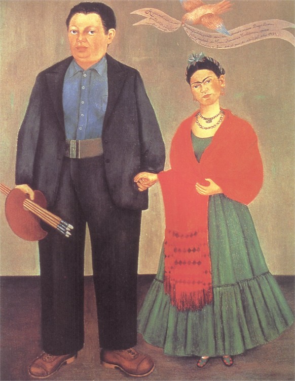 In den USA malt Frida das Bild «Frida und Diego Rivera», ein Hochzeitsbild aus der Erinnerung. Diego war 1,80 cm gross und wog 1931 mehr als 130 Kilo, sie war 1,60 cm gross und 44 Kilogramm leicht.&nb ...
