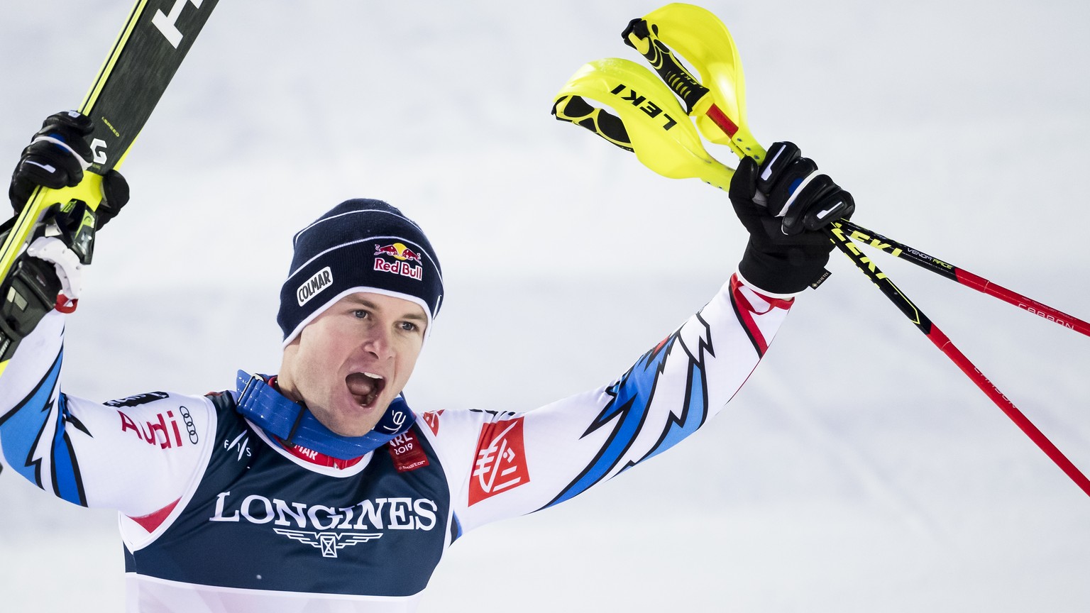 Alexis Pinturault of France, gold medal, reacts in the finish area during the men slalom race of the Alpine Combined at the 2019 FIS Alpine Skiing World Championships in Are, Sweden Monday, February 1 ...