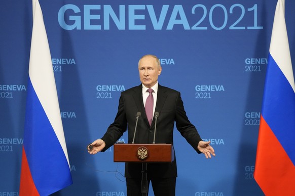 Russian President Vladimir Putin speaks during a news conference after his meeting with U.S President Joe Biden at the &#039;Villa la Grange&#039; in Geneva, Switzerland in Geneva, Switzerland, Wednes ...