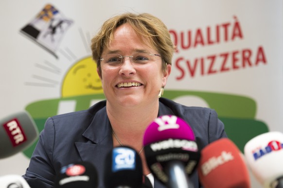 Magdalena Martullo-Blocher, aufgenommen an einer Medienkonferenz der SVP Graubuenden, am Montag, 20. April 2015, in Chur. Wie die Partei bekannt gab, will sie im Oktober mit zwei Listen mit Magdalena  ...