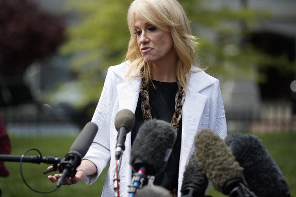 epa07514409 Counselor to US President Donald Trump, Kellyanne Conway responds to questions from the news media following the release of the Mueller report at the White House in Washington, DC, USA, 18 ...