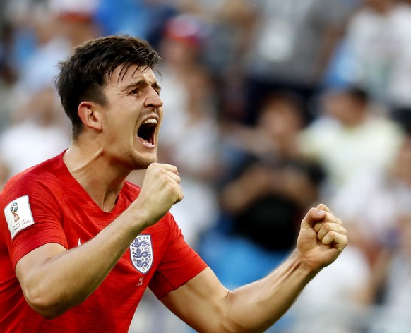 epa07753960 (FILE) Harry Maguire of England celebrates winning the FIFA World Cup 2018 quarter final soccer match between Sweden and England in Samara, Russia, 07 July 2018 (reissued 02 August 201). M ...