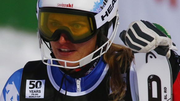 Switzerland&#039;s Denise Feierabend reacts at finish line during an alpine ski, women&#039;s World Cup slalom in Zagreb, Croatia, Tuesday, Jan. 3, 2017. (AP Photo/Giovanni Auletta)