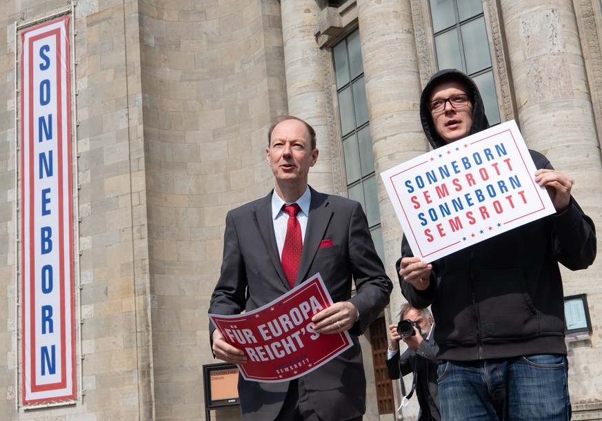 epa07523228 MEP and &#039;The Party&#039; party leader Martin Sonneborn (L), and satirist Nico Semsrott (R) pose during the EU election campaign opening of the German satirical party Die PARTEI (The P ...