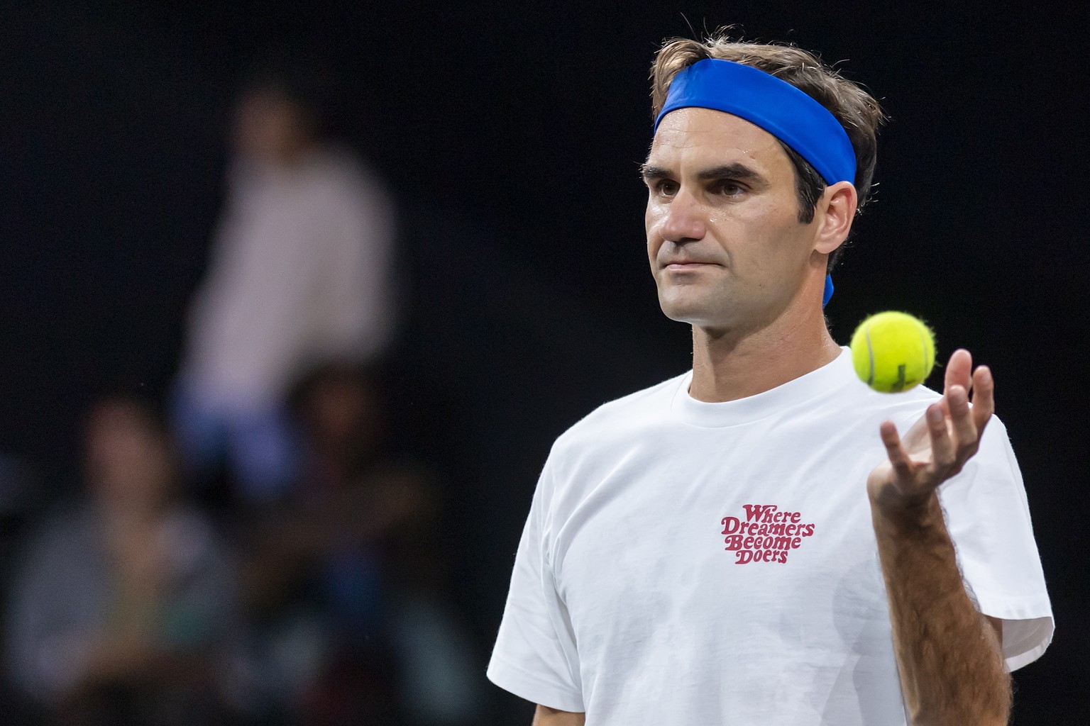 epa07853515 Team Europe, Roger Federer, reacts during training of the Laver Cup in Geneva, Switzerland, 19 September 2019. The competition will pit a team of the best six European players against the  ...