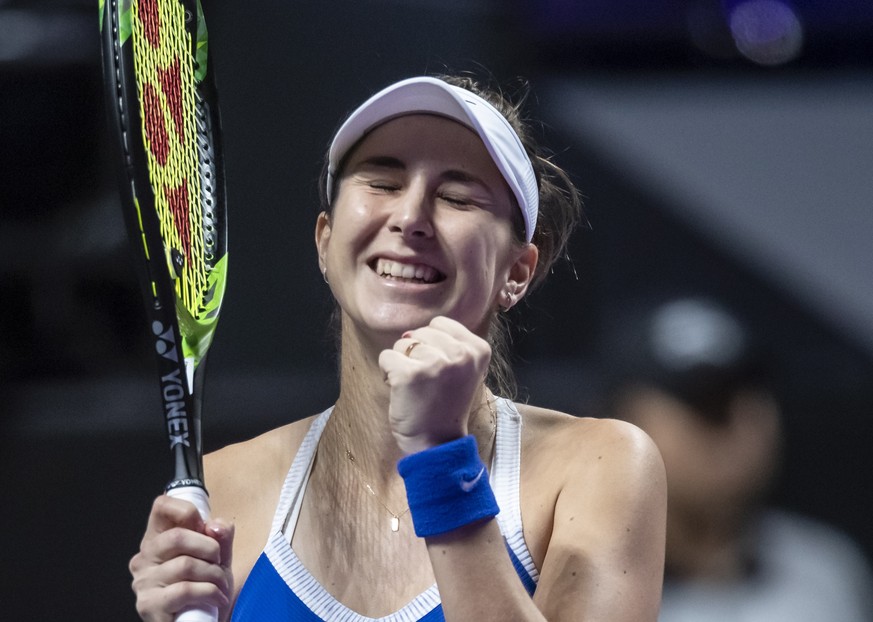 epa07958091 Belinda Bencic of Switzerland celebrates after defeating Petra Kvitova of Czech Republic in their group stage match at the WTA Finals 2019 tennis tournament in Shenzhen, China, 29 October  ...